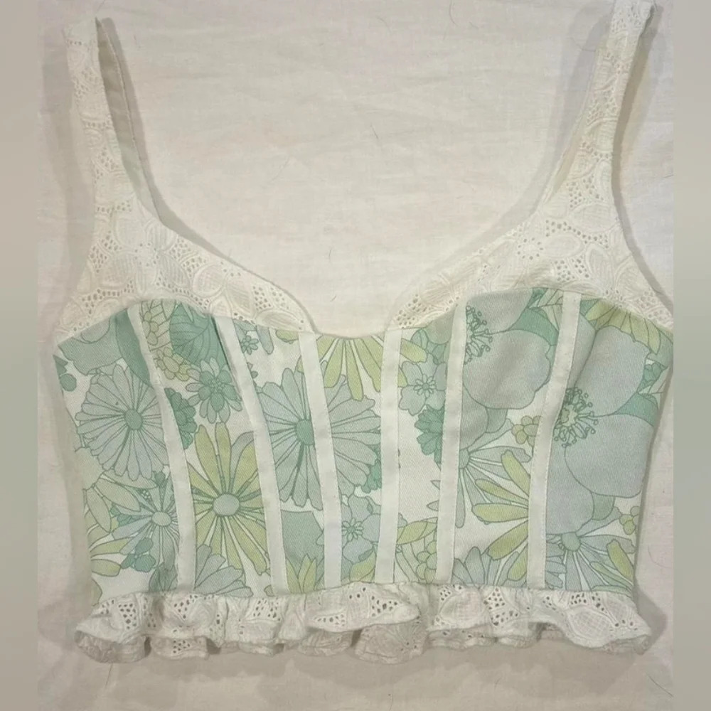 For Love & Lemons Mint Green Floral Lace Trim Bustier Crop Top